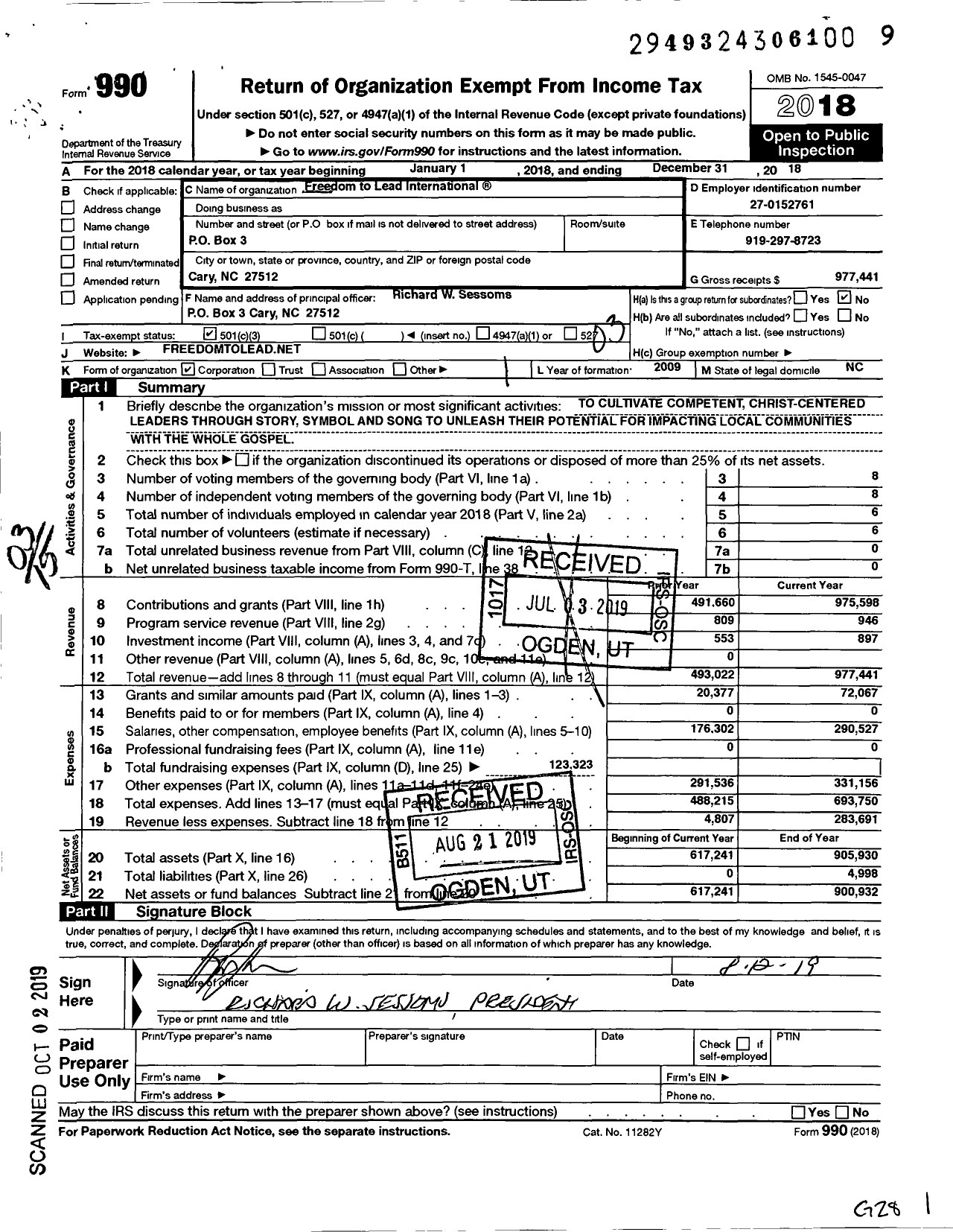 Image of first page of 2018 Form 990 for Freedom to Lead International