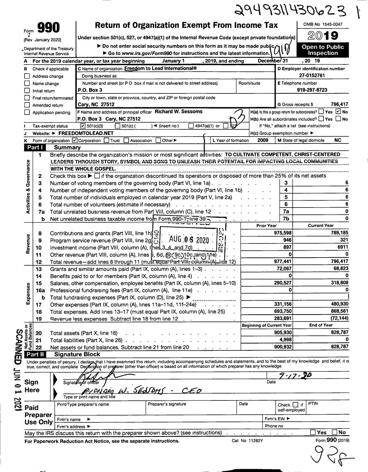 Image of first page of 2019 Form 990 for Freedom to Lead International