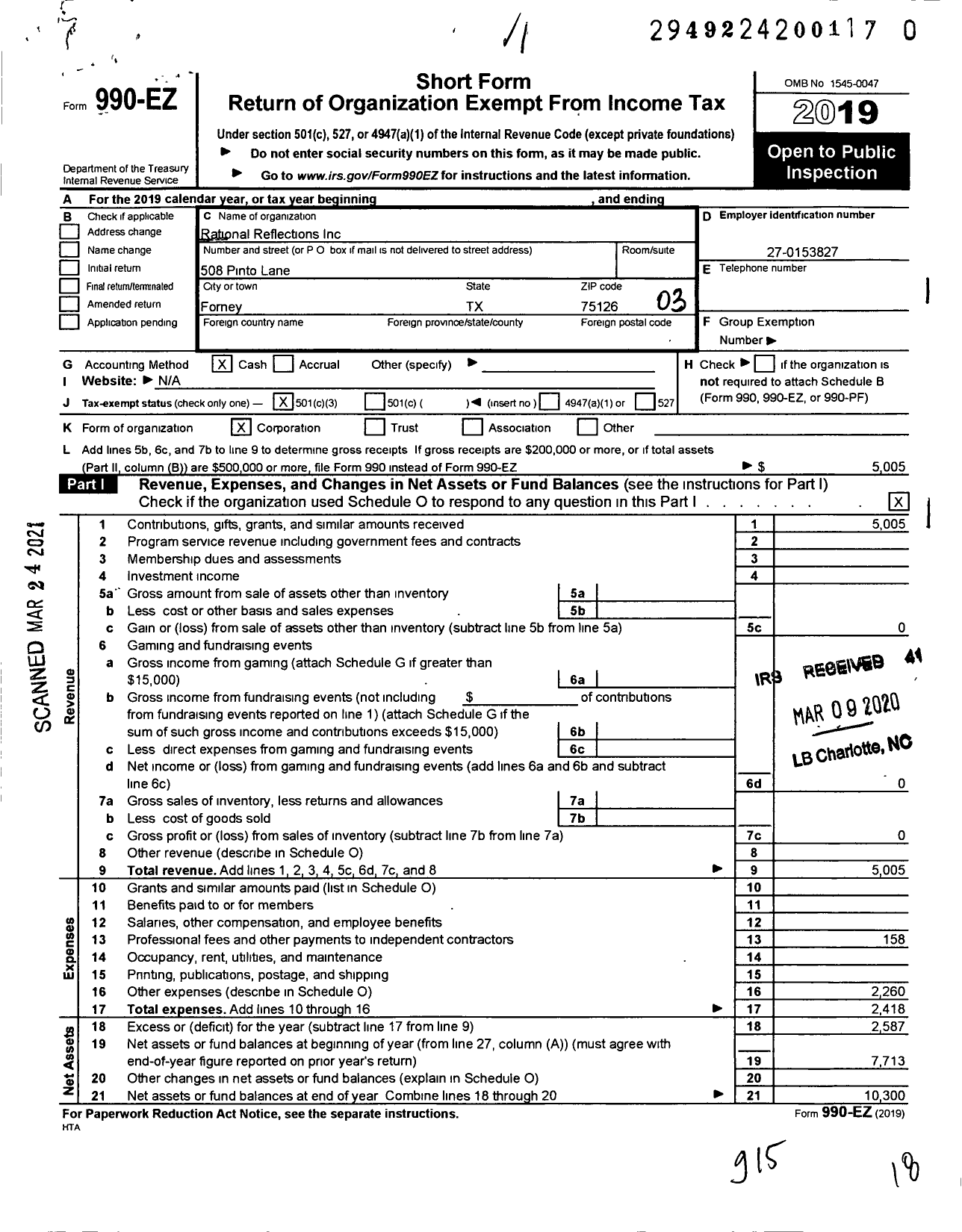 Image of first page of 2019 Form 990EZ for Rational Reflections