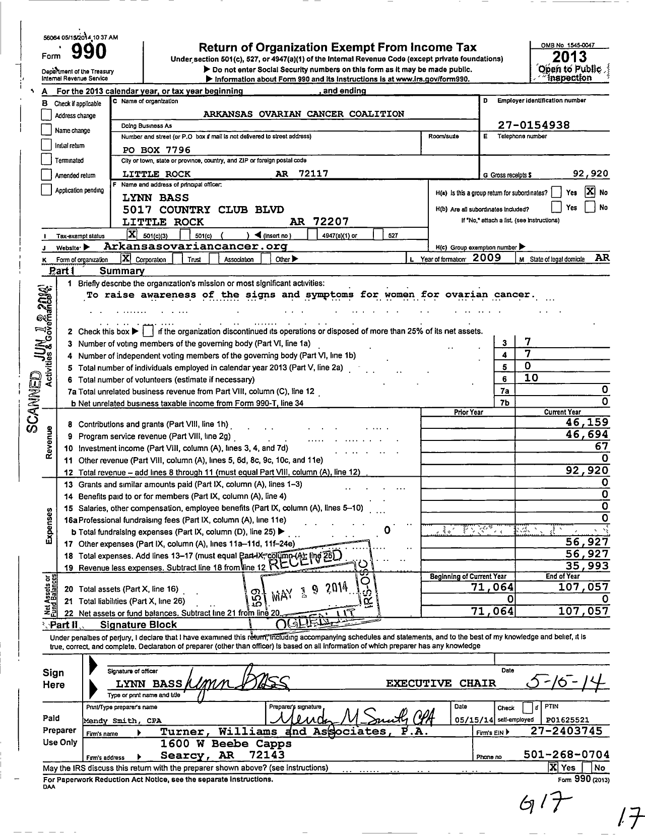 Image of first page of 2013 Form 990 for Arkansas Ovarian Cancer Coalition