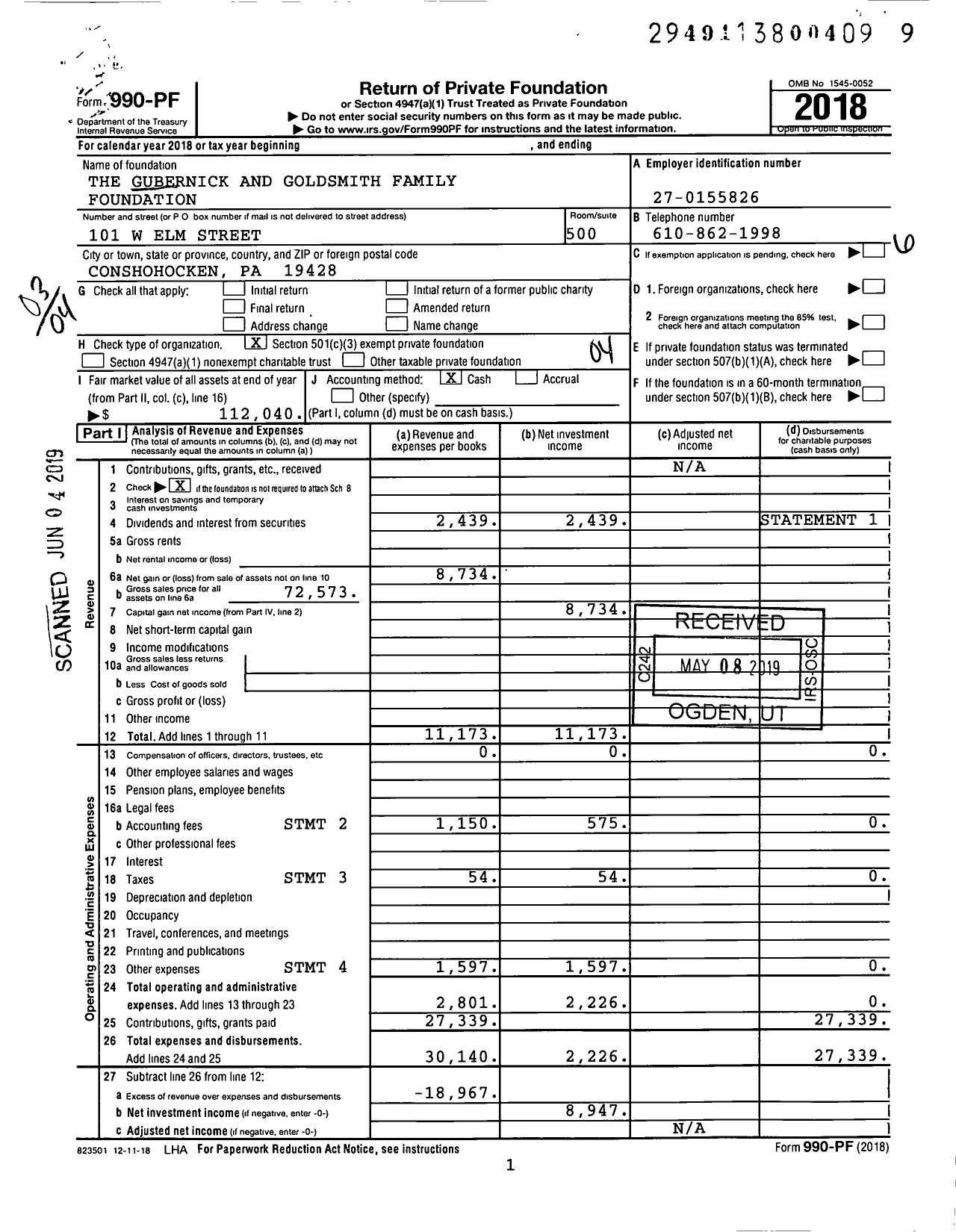 Image of first page of 2018 Form 990PF for The Gubernick and Goldsmith Family Foundation