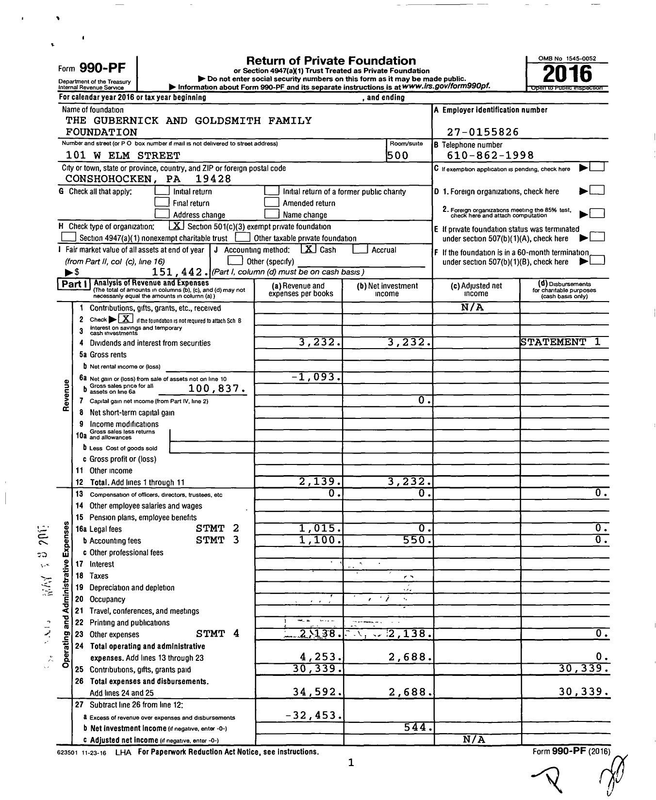 Image of first page of 2016 Form 990PF for The Gubernick and Goldsmith Family Foundation