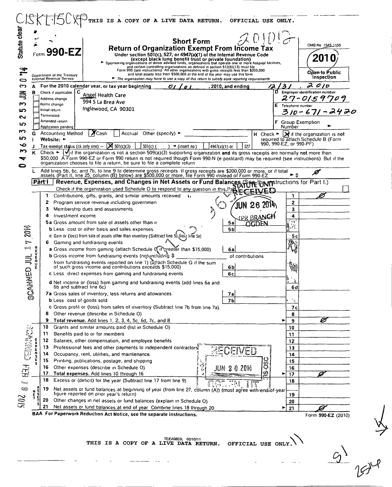Image of first page of 2010 Form 990EZ for Angel Health Care