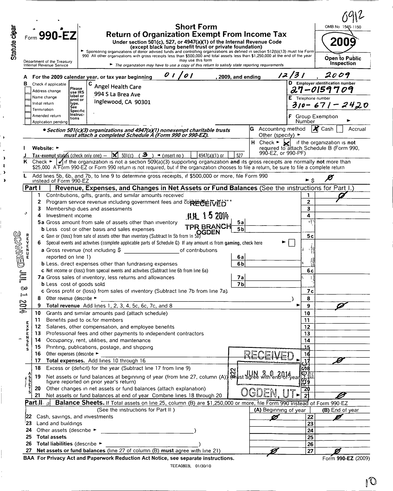 Image of first page of 2009 Form 990EZ for Angel Health Care