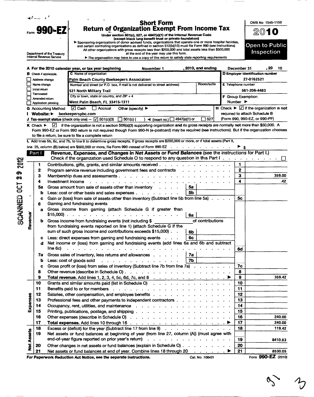 Image of first page of 2010 Form 990EZ for Palm Beach County Beekeepers Association