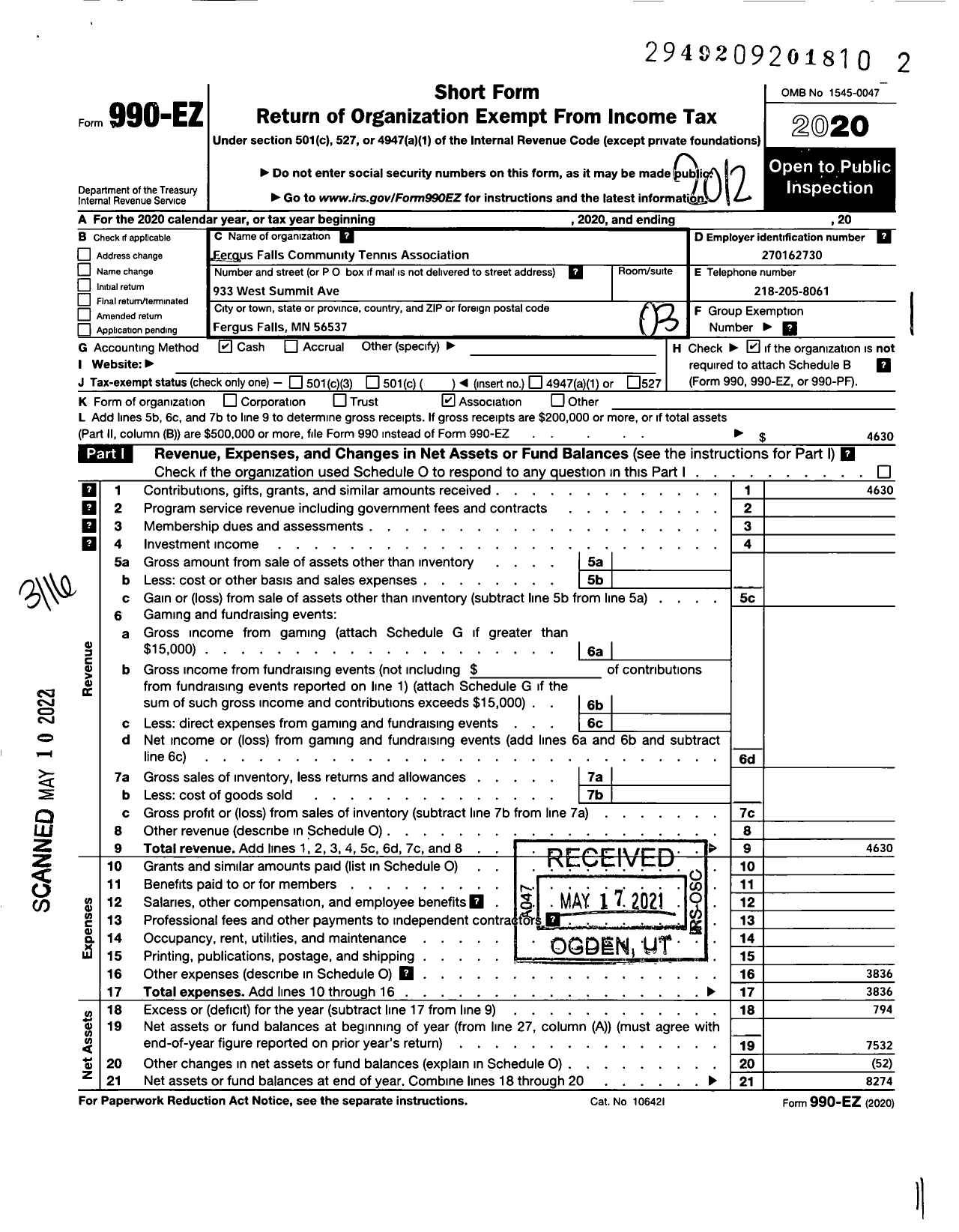 Image of first page of 2020 Form 990EZ for Fergus Falls Community Tennis Association