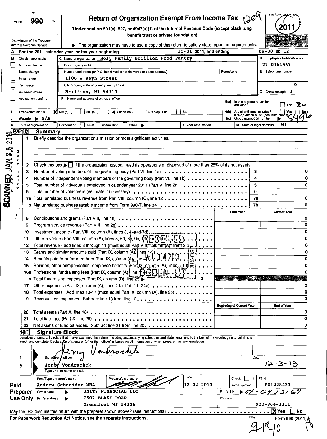 Image of first page of 2011 Form 990 for Society of St Vincent de Paul Brillion