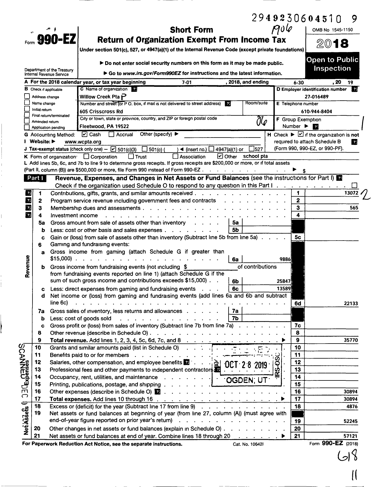 Image of first page of 2018 Form 990EO for PTA Pennsylvania Congress / Willow Creek PTA