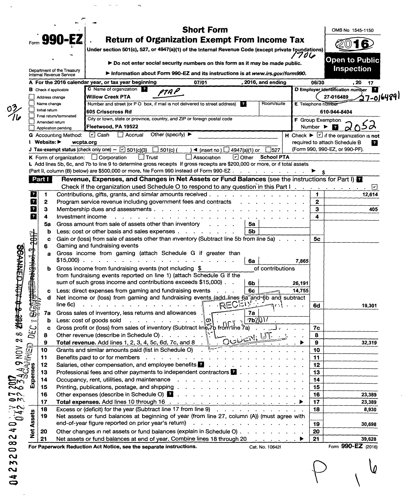 Image of first page of 2016 Form 990EZ for PTA Pennsylvania Congress / Willow Creek PTA