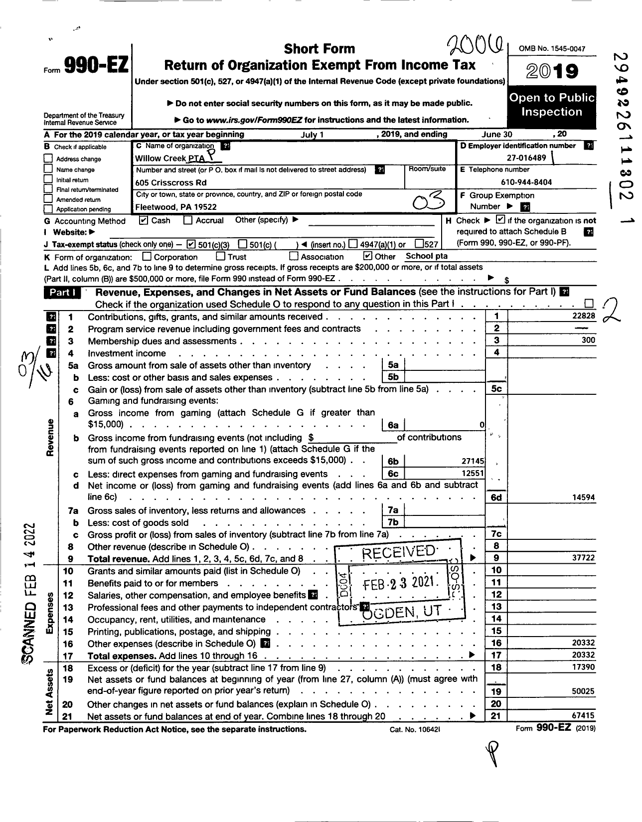 Image of first page of 2019 Form 990EZ for PTA Pennsylvania Congress / Willow Creek PTA