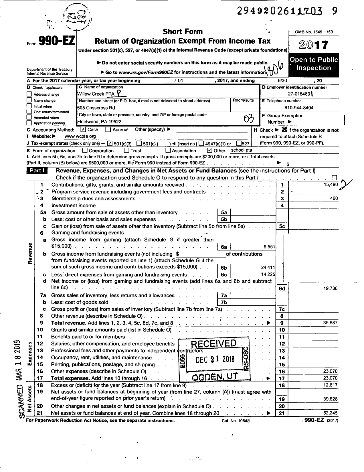 Image of first page of 2017 Form 990EZ for PTA Pennsylvania Congress / Willow Creek PTA