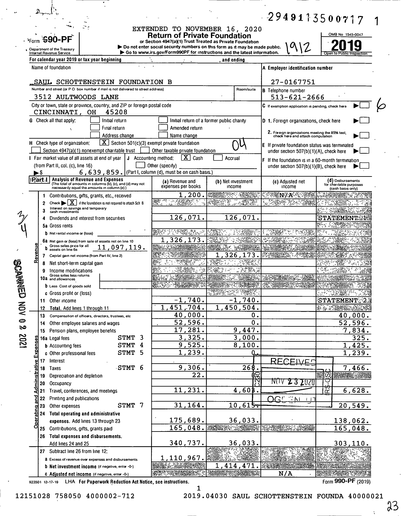 Image of first page of 2019 Form 990PF for Saul Schottenstein Foundation B