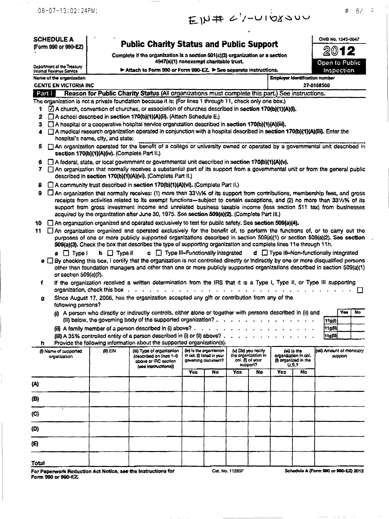 Image of first page of 2012 Form 990ER for Gente En Victoria