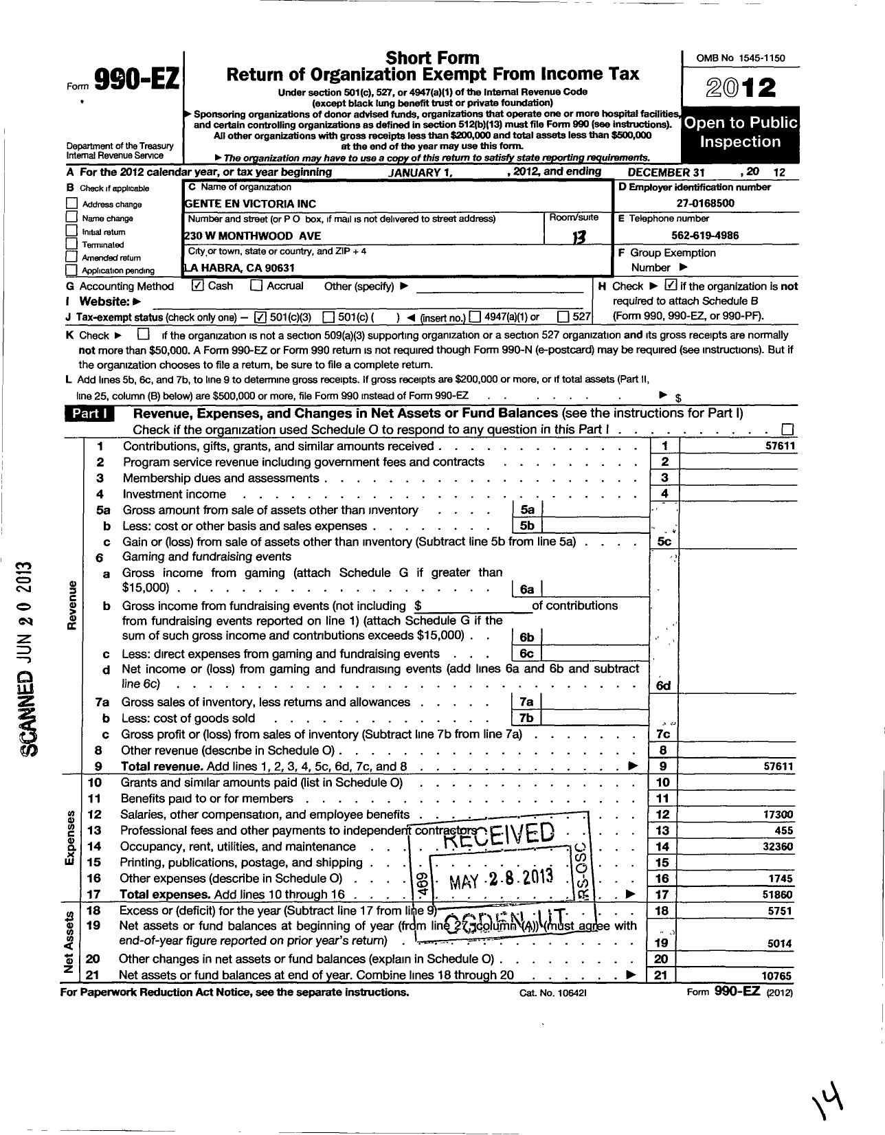 Image of first page of 2012 Form 990EZ for Gente En Victoria