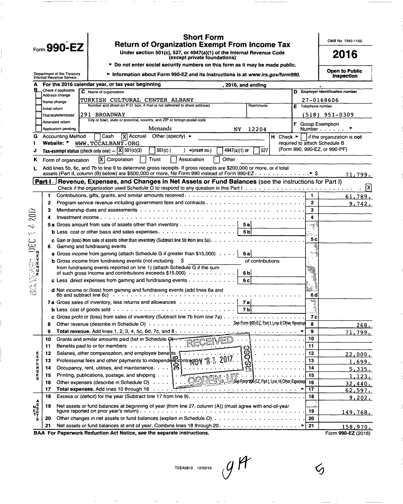 Image of first page of 2016 Form 990EZ for Turkish Cultural Center Albany Albany Community Center