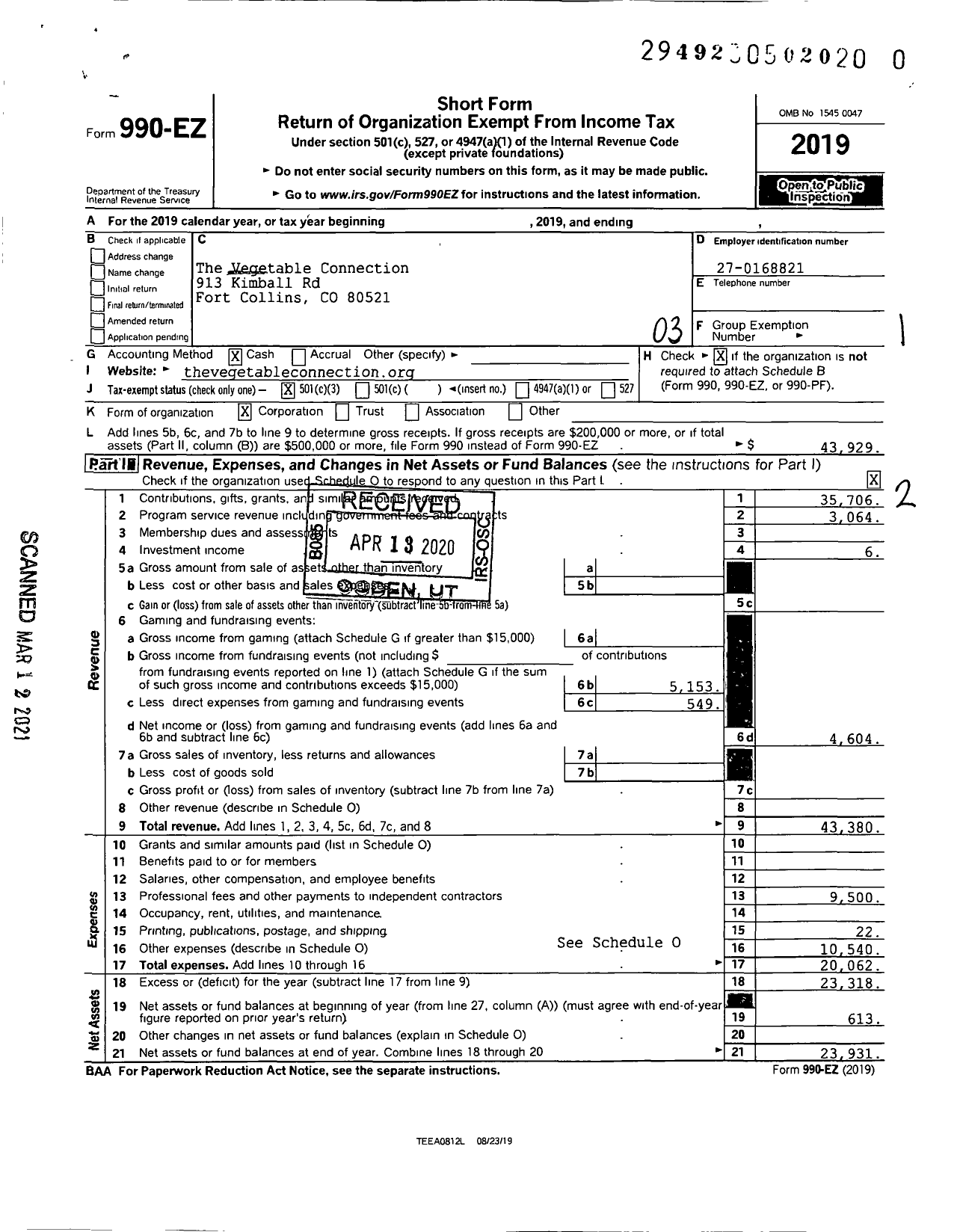 Image of first page of 2019 Form 990EZ for The Vegetable Connection