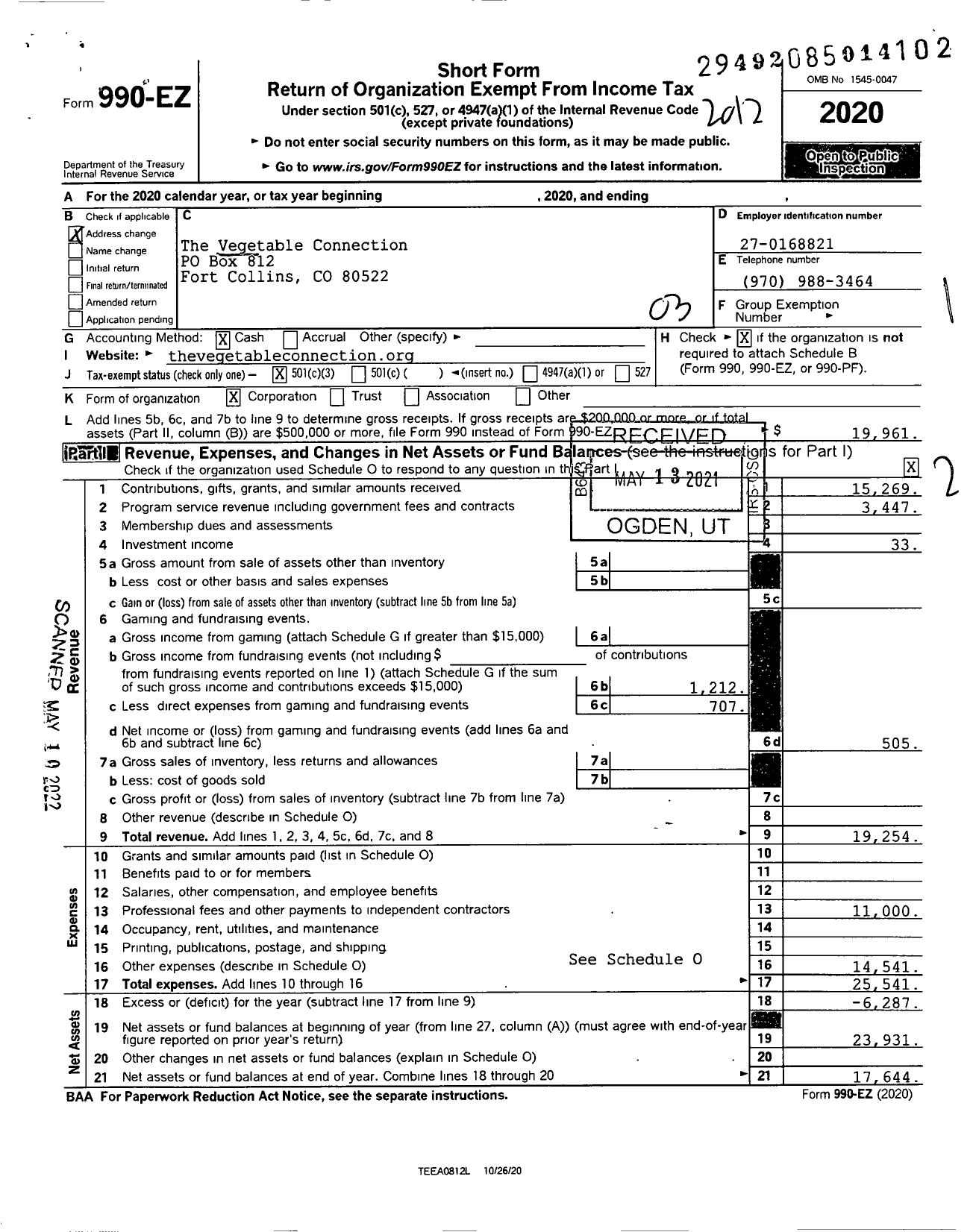 Image of first page of 2020 Form 990EZ for The Vegetable Connection