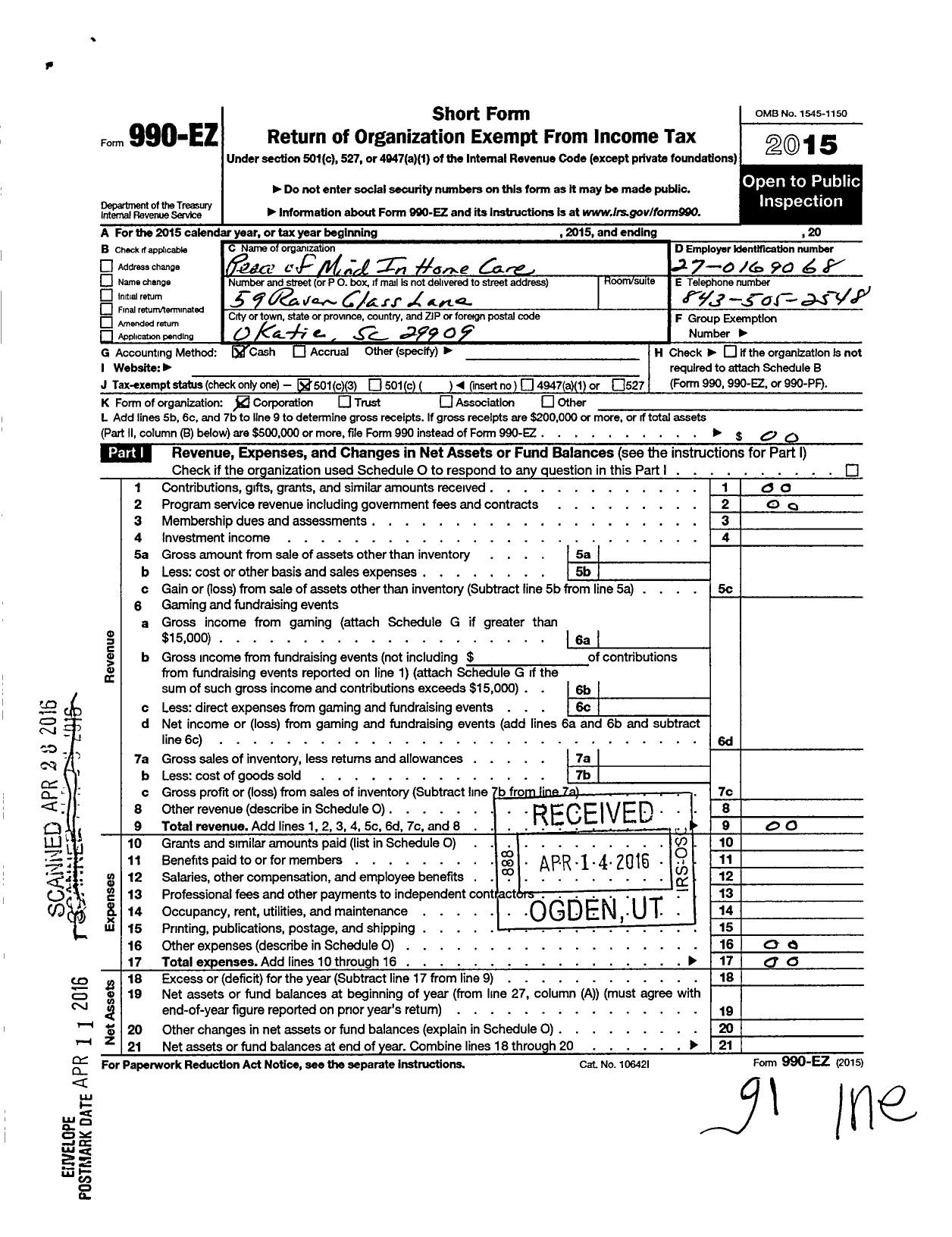 Image of first page of 2015 Form 990EZ for Peace of Mind in Home Care