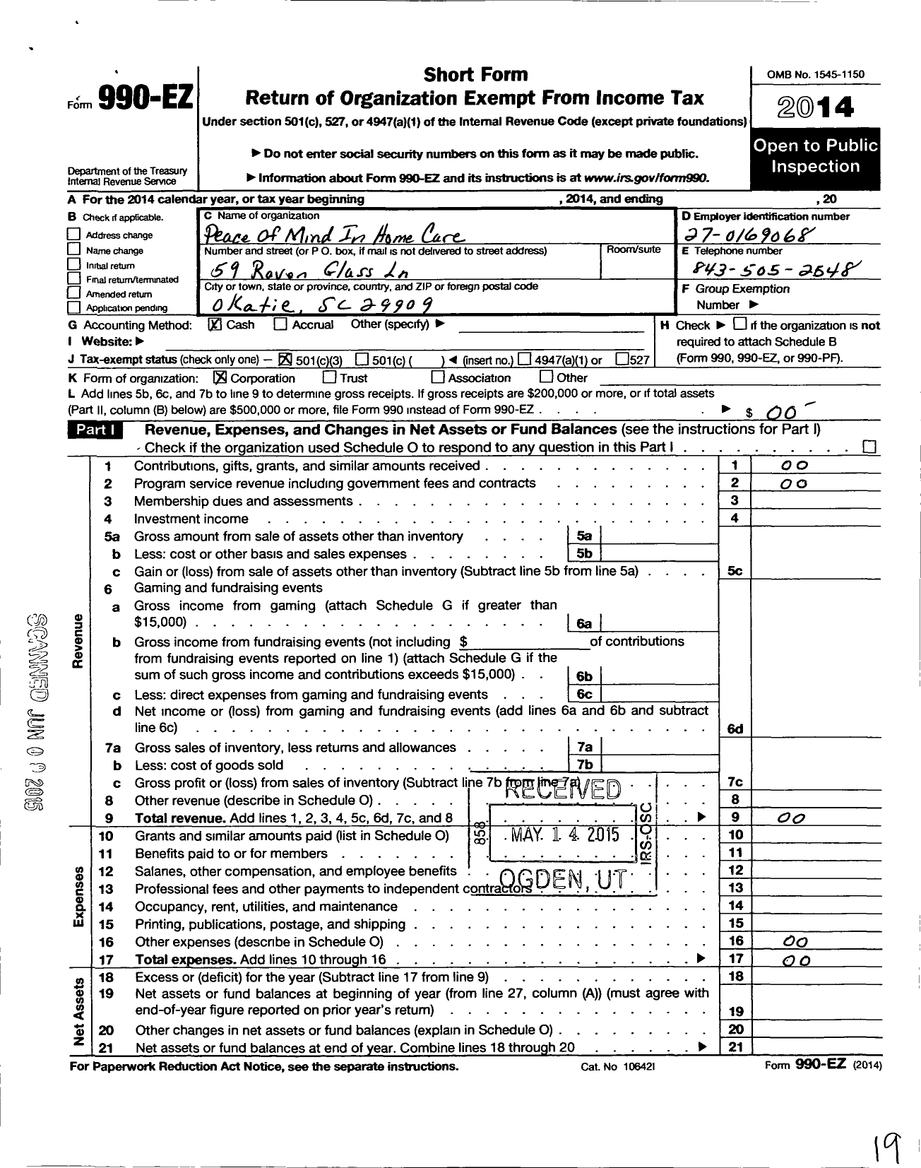 Image of first page of 2014 Form 990EZ for Peace of Mind in Home Care