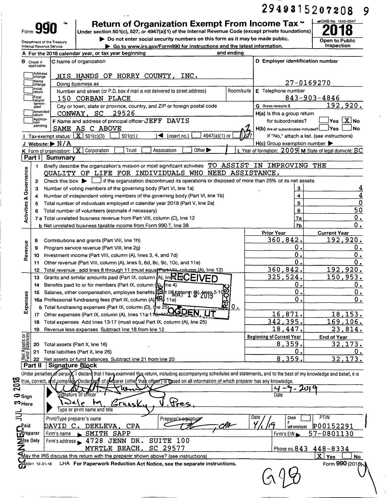 Image of first page of 2018 Form 990 for His Hands of Horry County