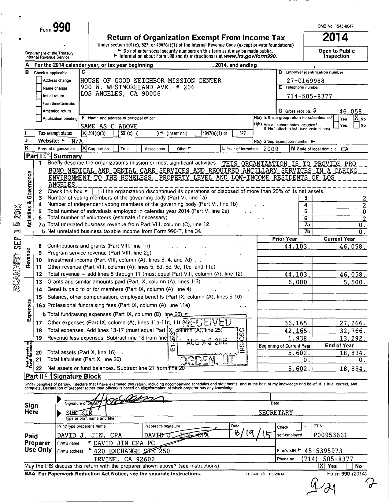 Image of first page of 2014 Form 990 for World Peace Creative Foundation