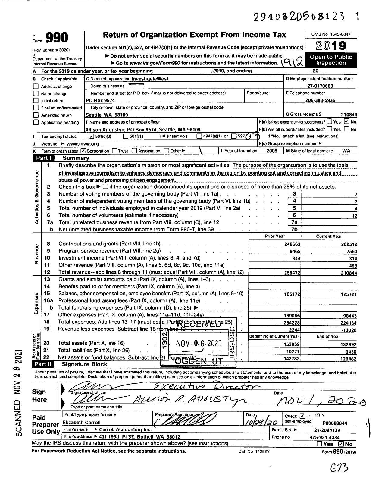 Image of first page of 2019 Form 990 for InvestigateWest