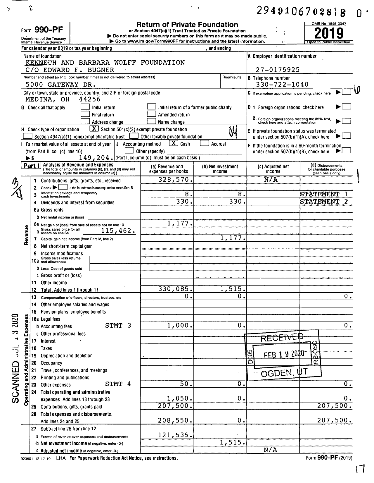 Image of first page of 2019 Form 990PR for Kenneth and Barbara Wolff Foundation