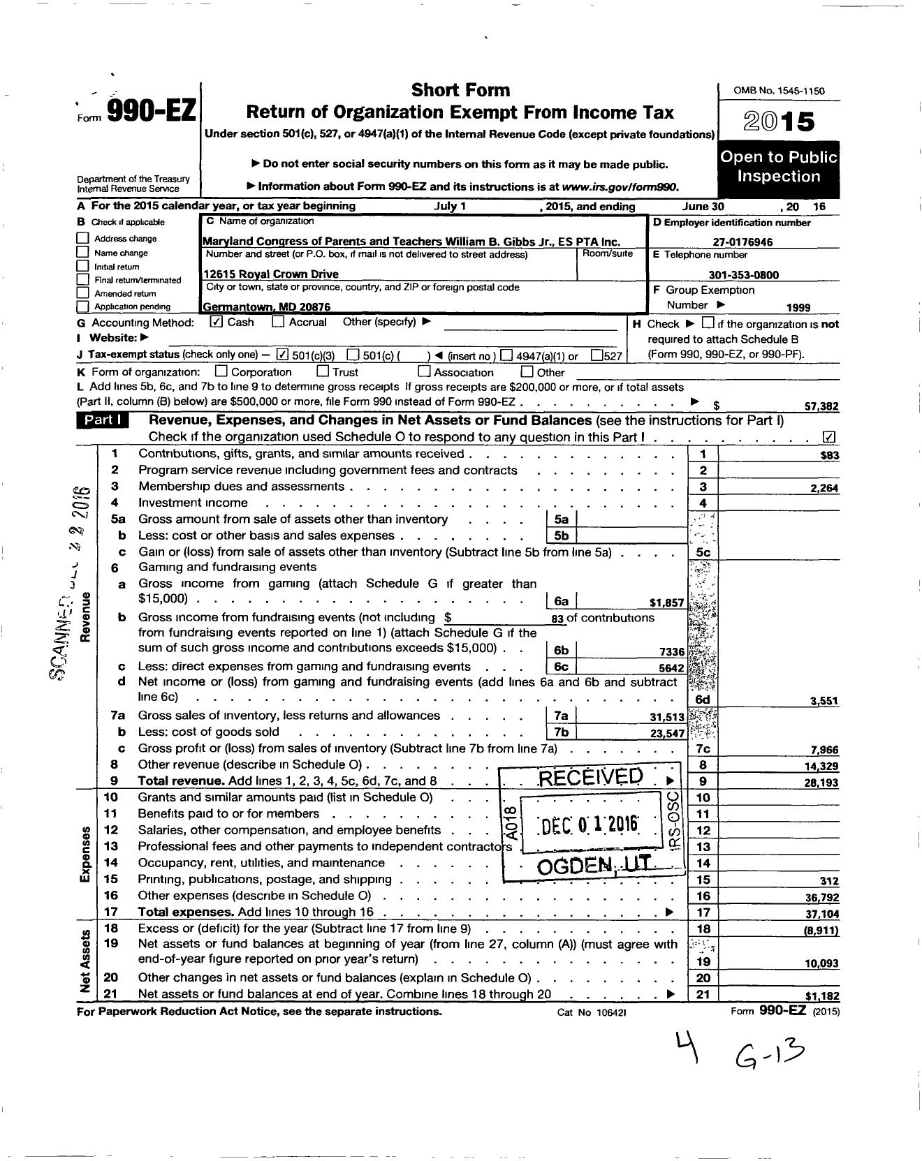 Image of first page of 2015 Form 990EZ for PTA William B Gibbs JR Es Maryland Congress of Parents and Teachers