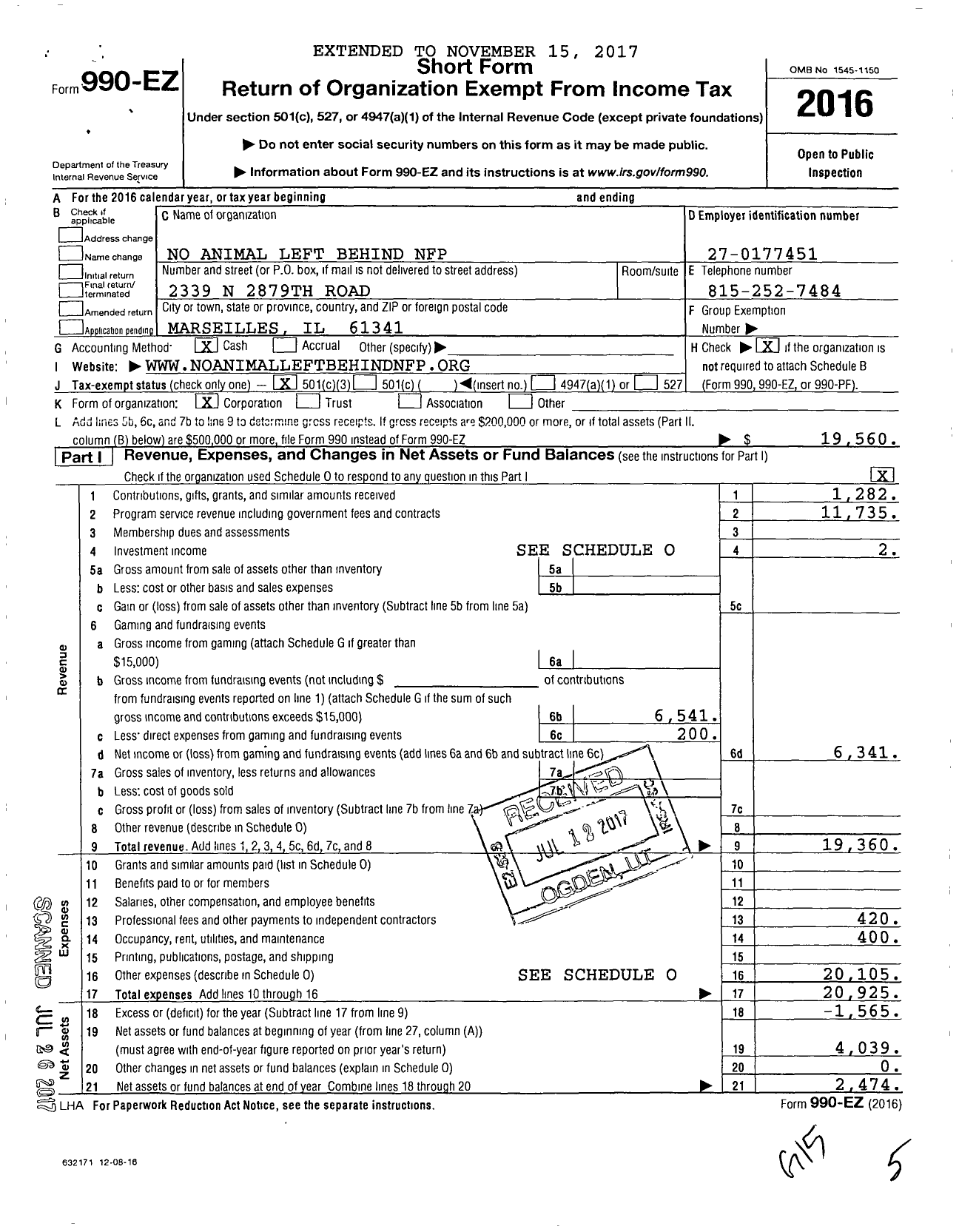 Image of first page of 2016 Form 990EZ for No Animal Left Behind NFP