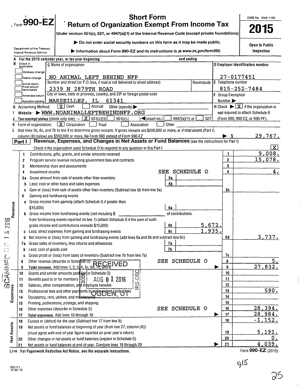 Image of first page of 2015 Form 990EZ for No Animal Left Behind NFP