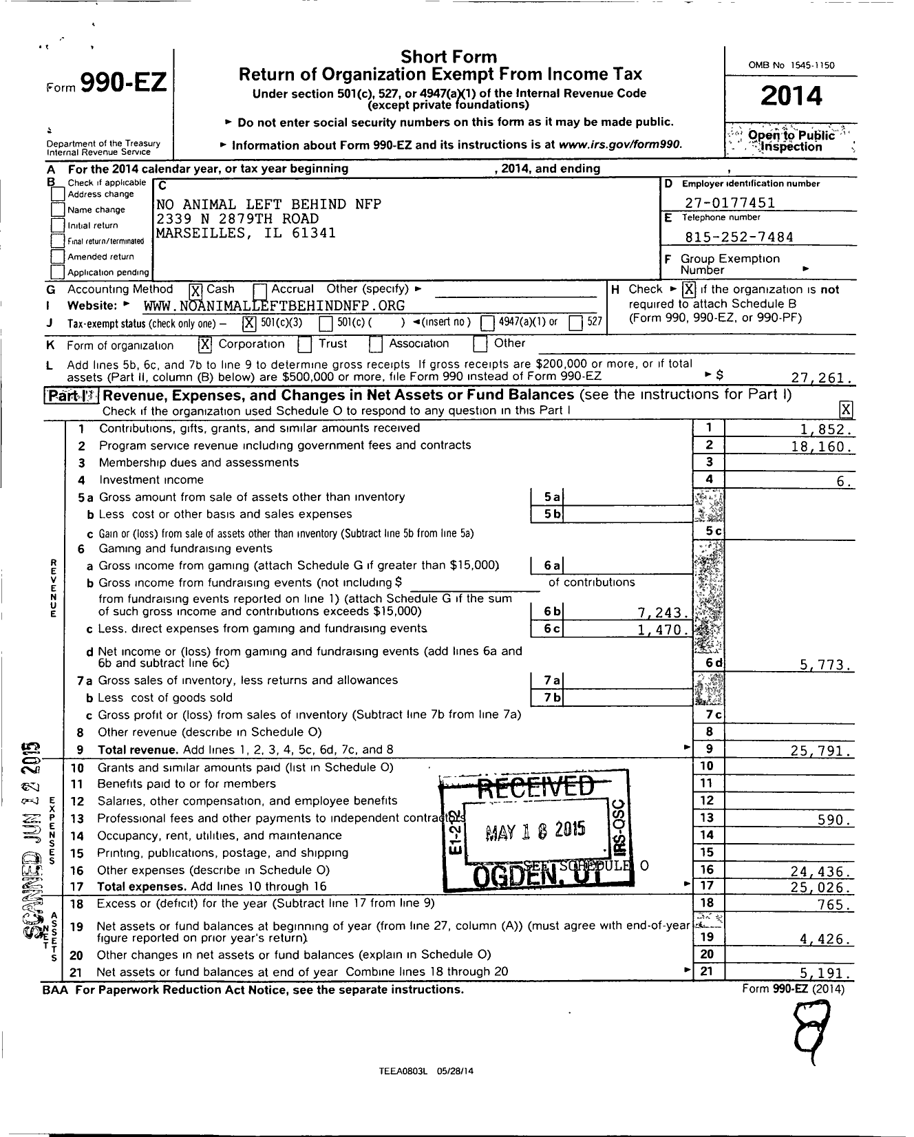 Image of first page of 2014 Form 990EZ for No Animal Left Behind NFP