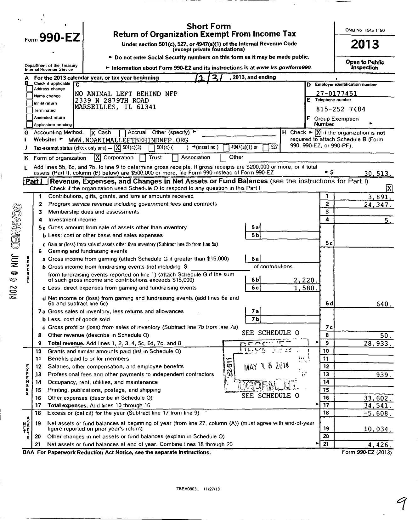 Image of first page of 2013 Form 990EZ for No Animal Left Behind NFP