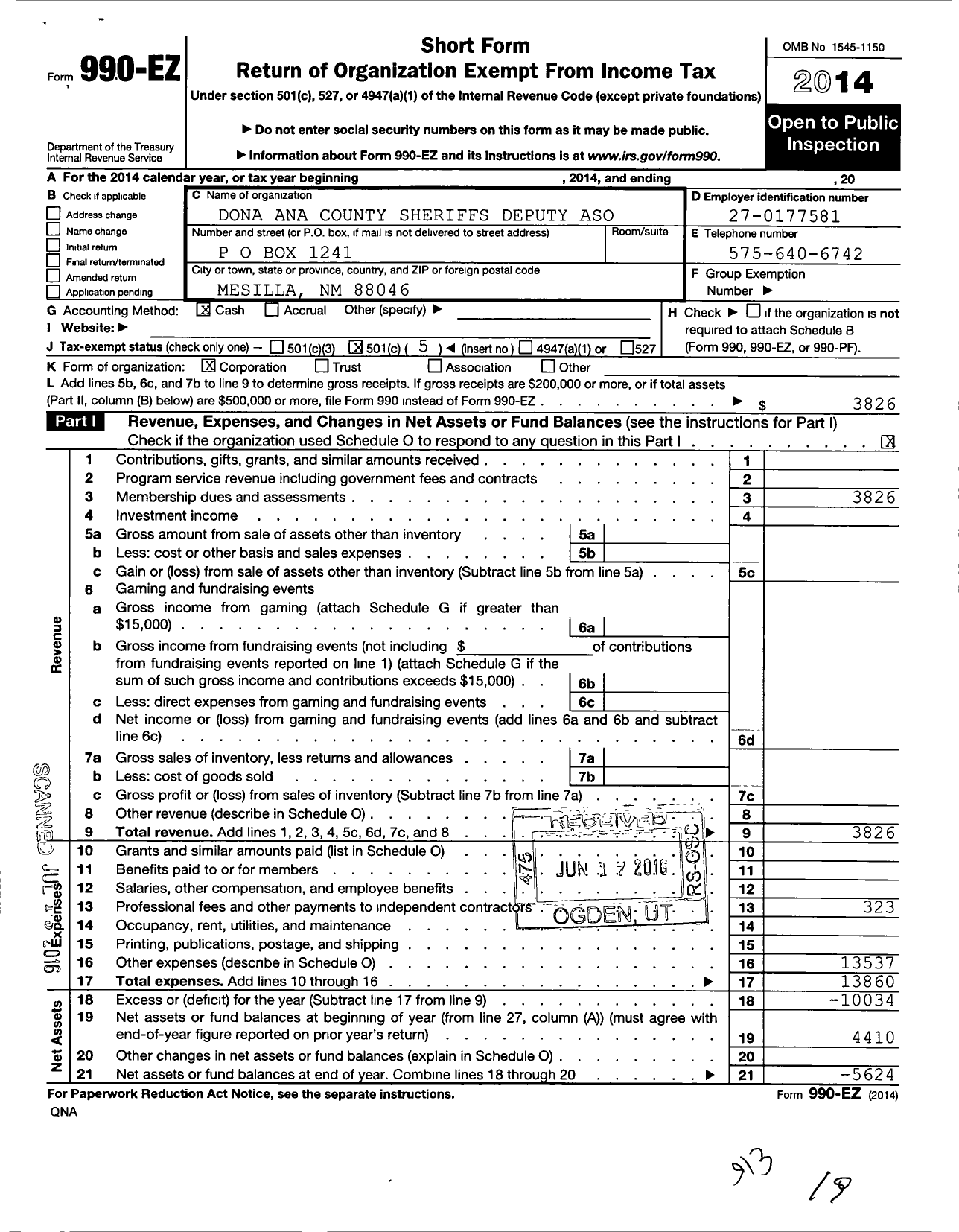 Image of first page of 2014 Form 990EO for Dona Ana County Sheriffs Deputy Aso