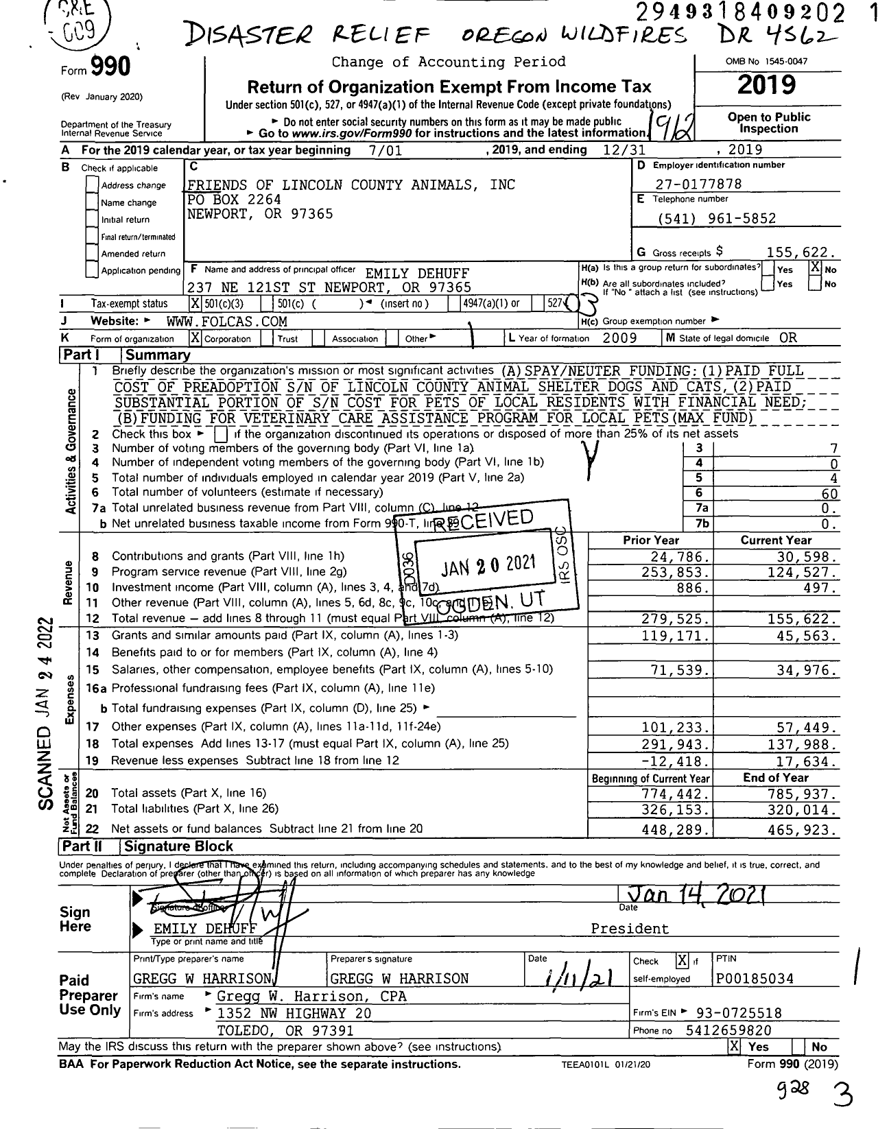 Image of first page of 2019 Form 990 for Friends of Lincoln County Animals