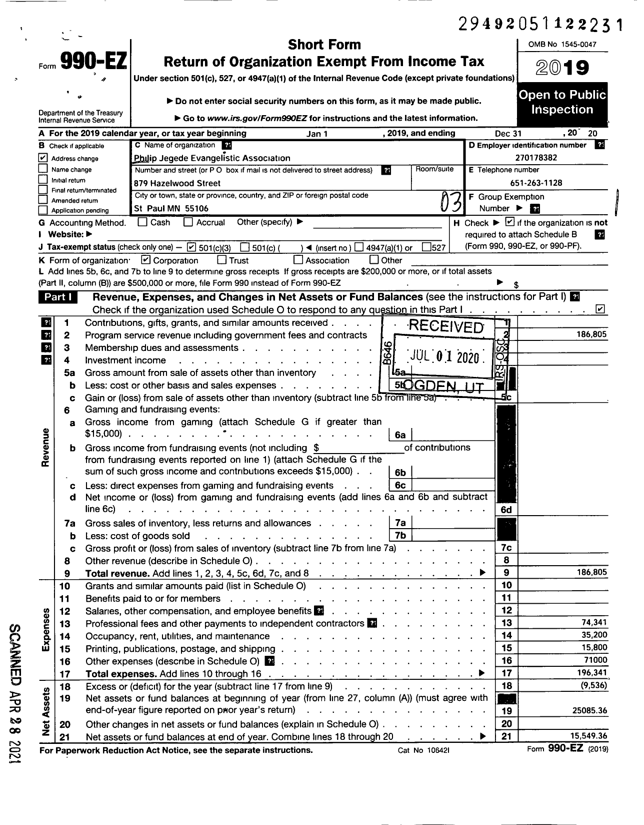 Image of first page of 2019 Form 990EZ for Philip Jegede Evangelistic Association