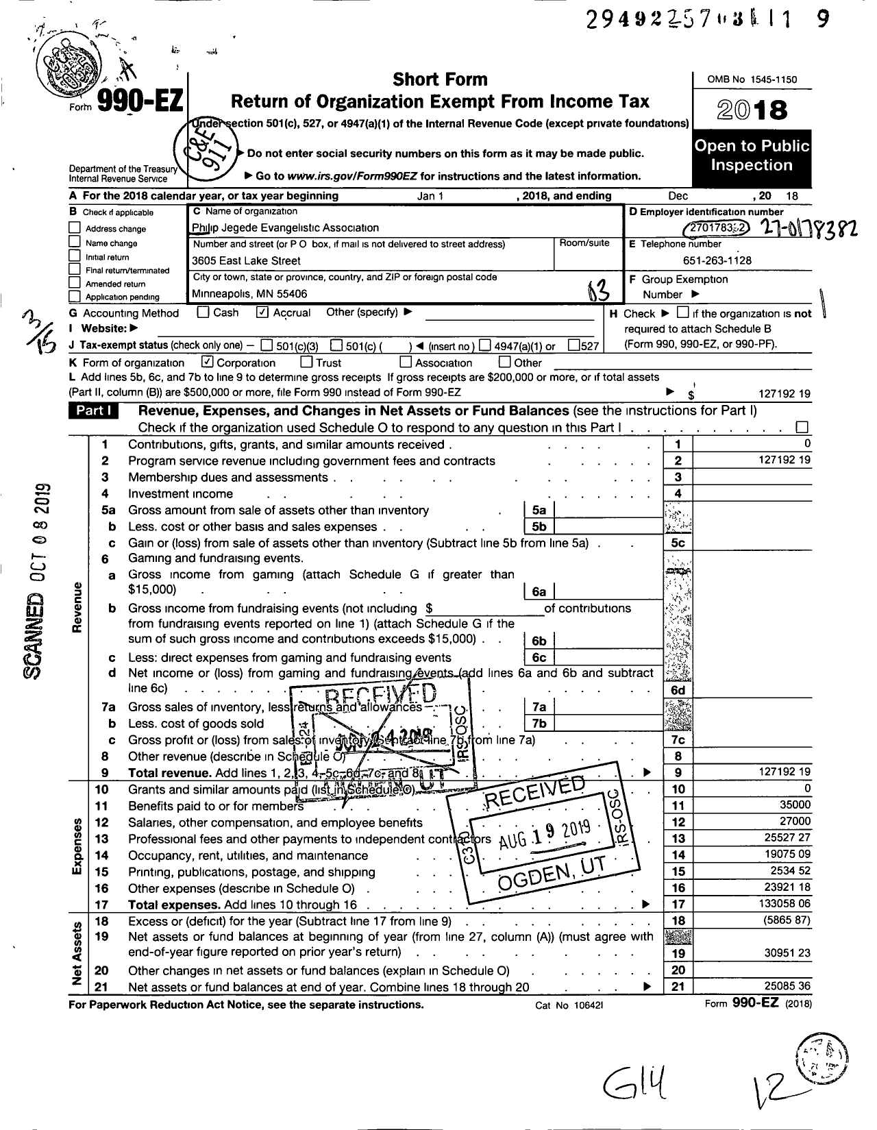 Image of first page of 2018 Form 990EZ for Philip Jegede Evangelistic Association