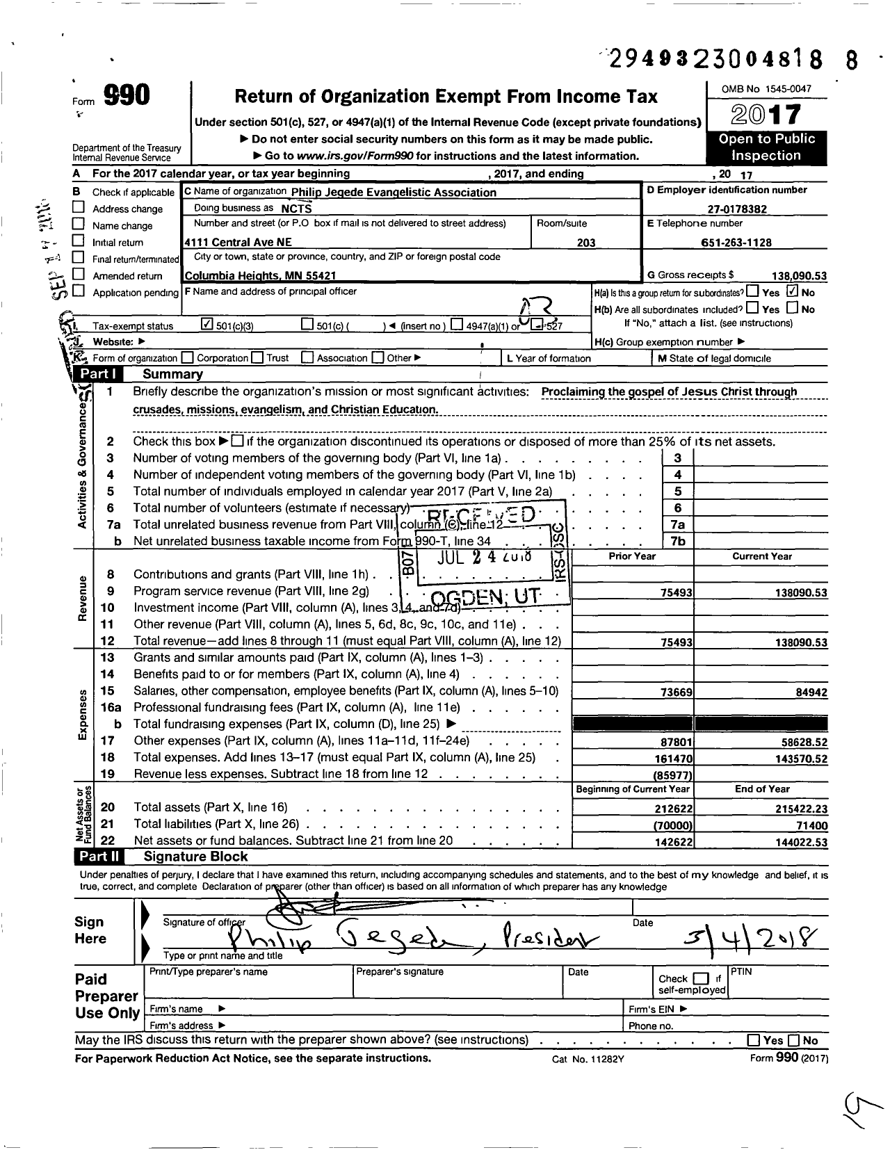 Image of first page of 2017 Form 990 for Philip Jegede Evangelistic Association