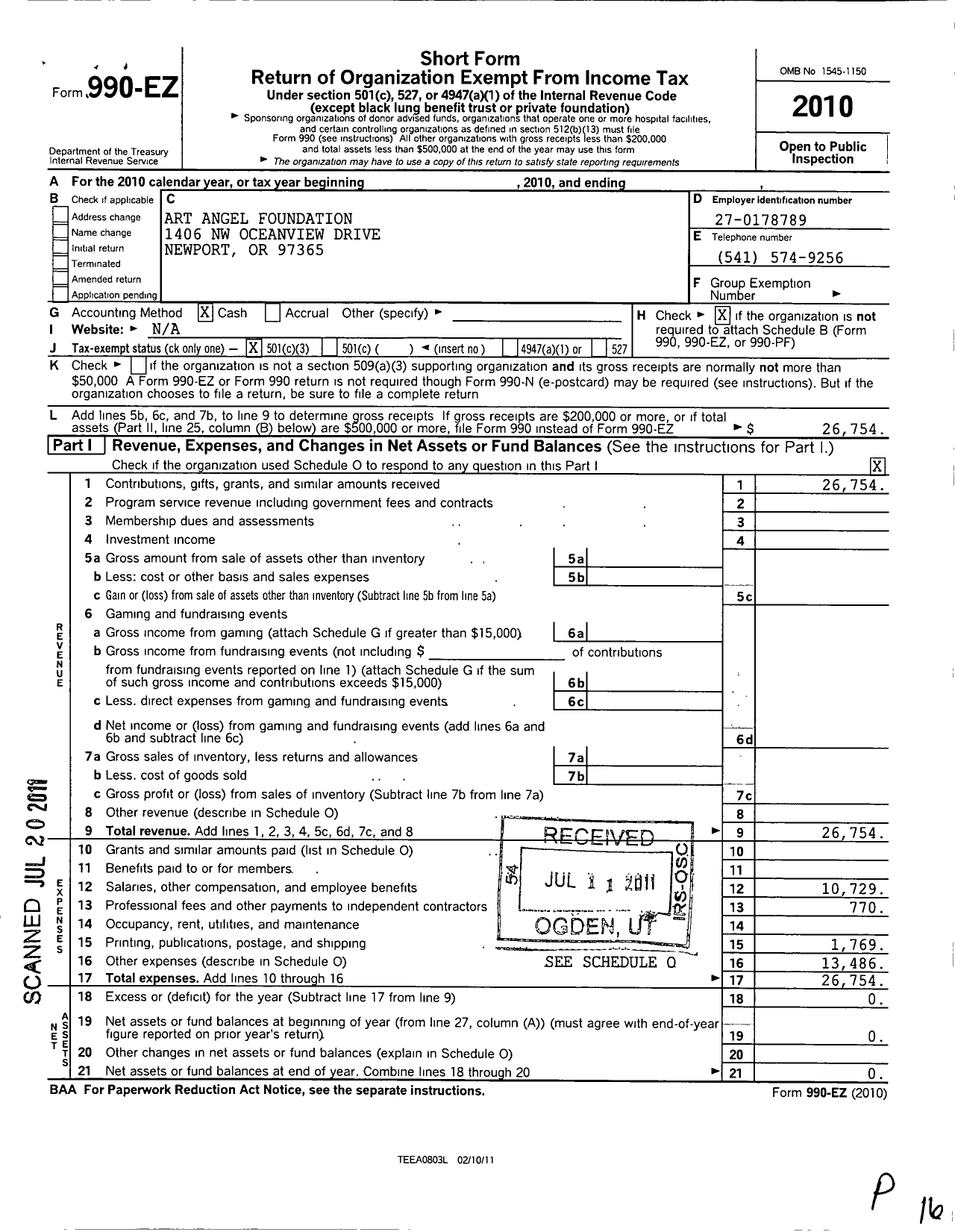 Image of first page of 2010 Form 990EZ for Art Angel Foundation