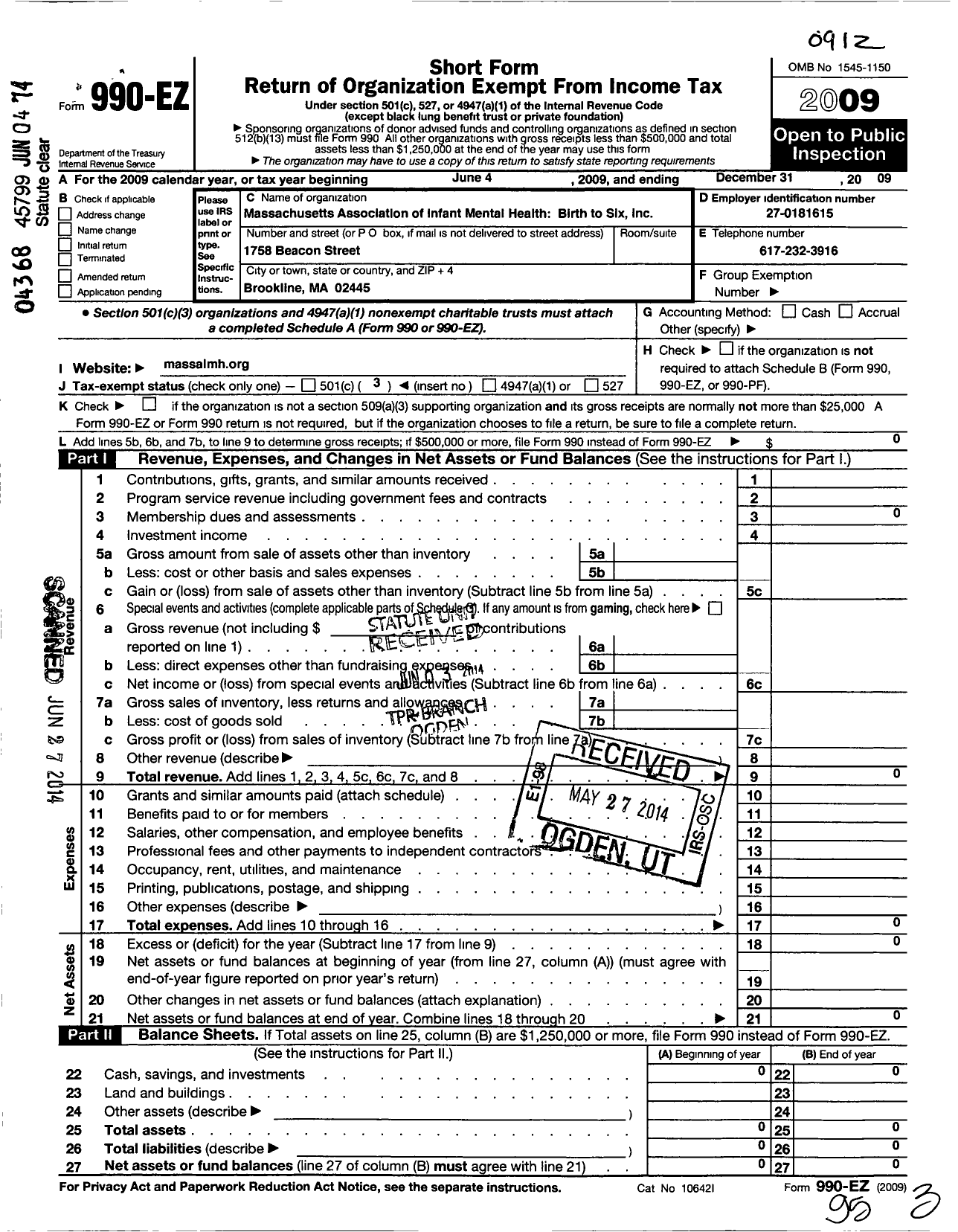 Image of first page of 2009 Form 990EZ for Massachusetts Association for Infant Mental Health