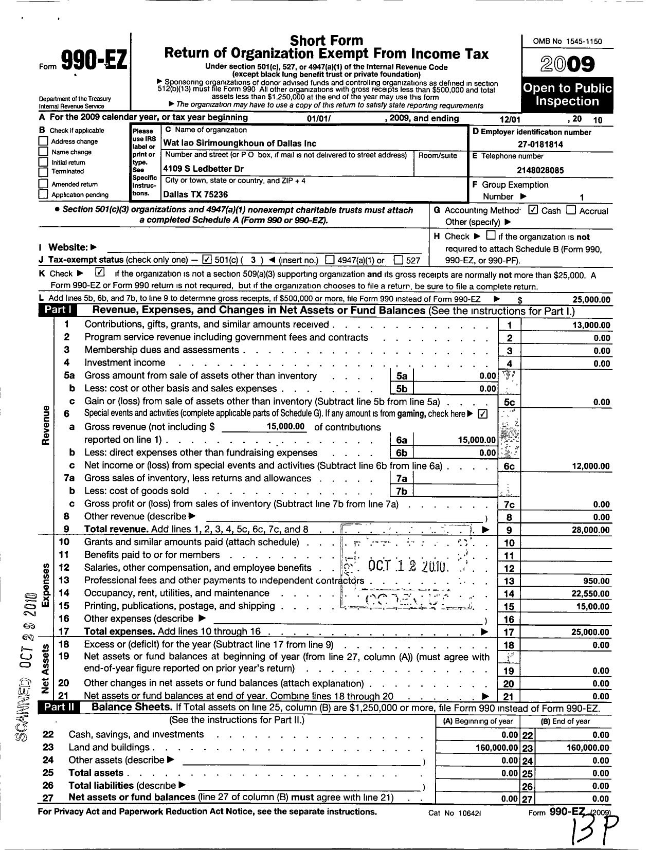 Image of first page of 2010 Form 990EZ for Wat Lao Sirimoungkhoun of Dallas