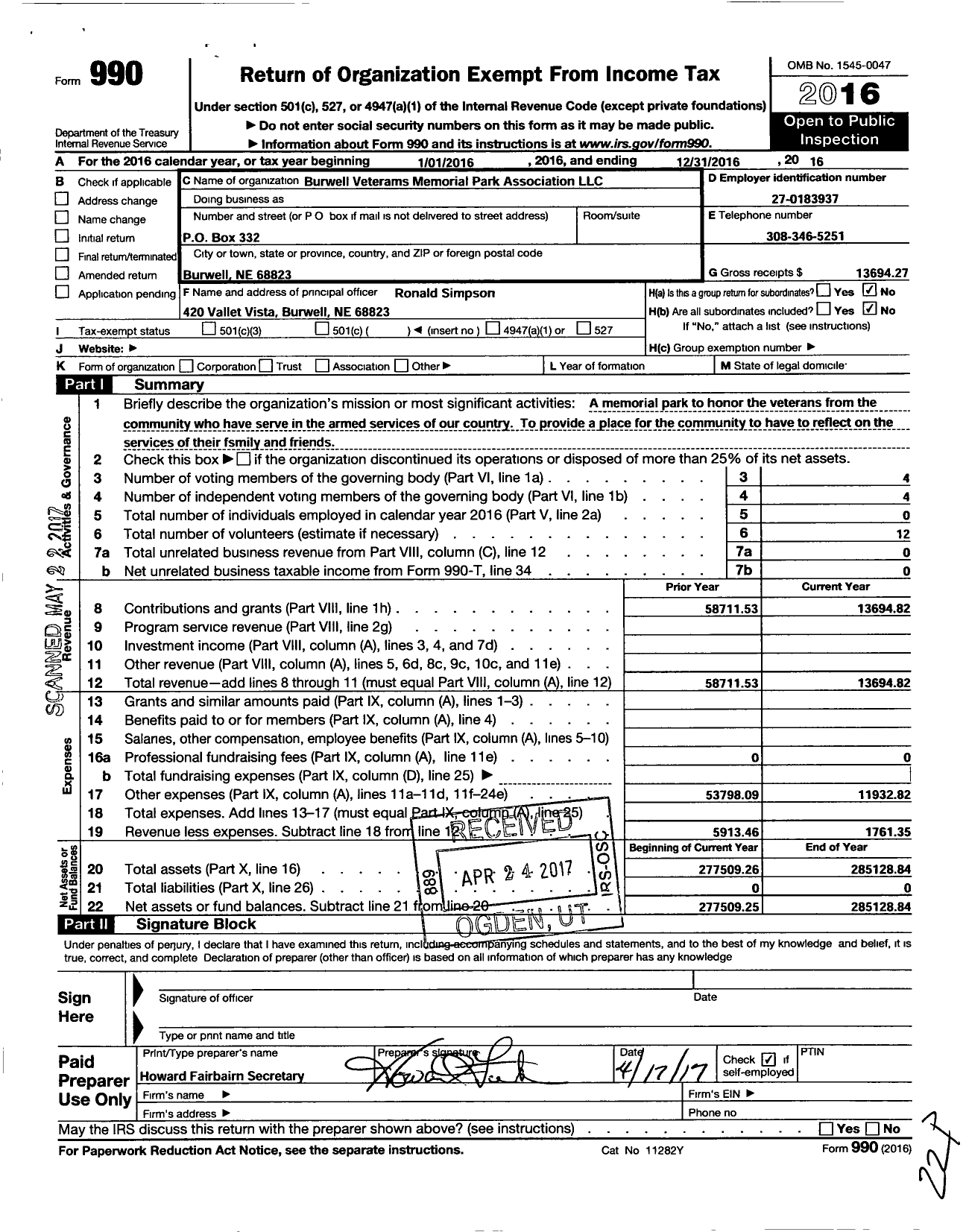 Image of first page of 2016 Form 990O for Burwell Veterans Memorial Park Association