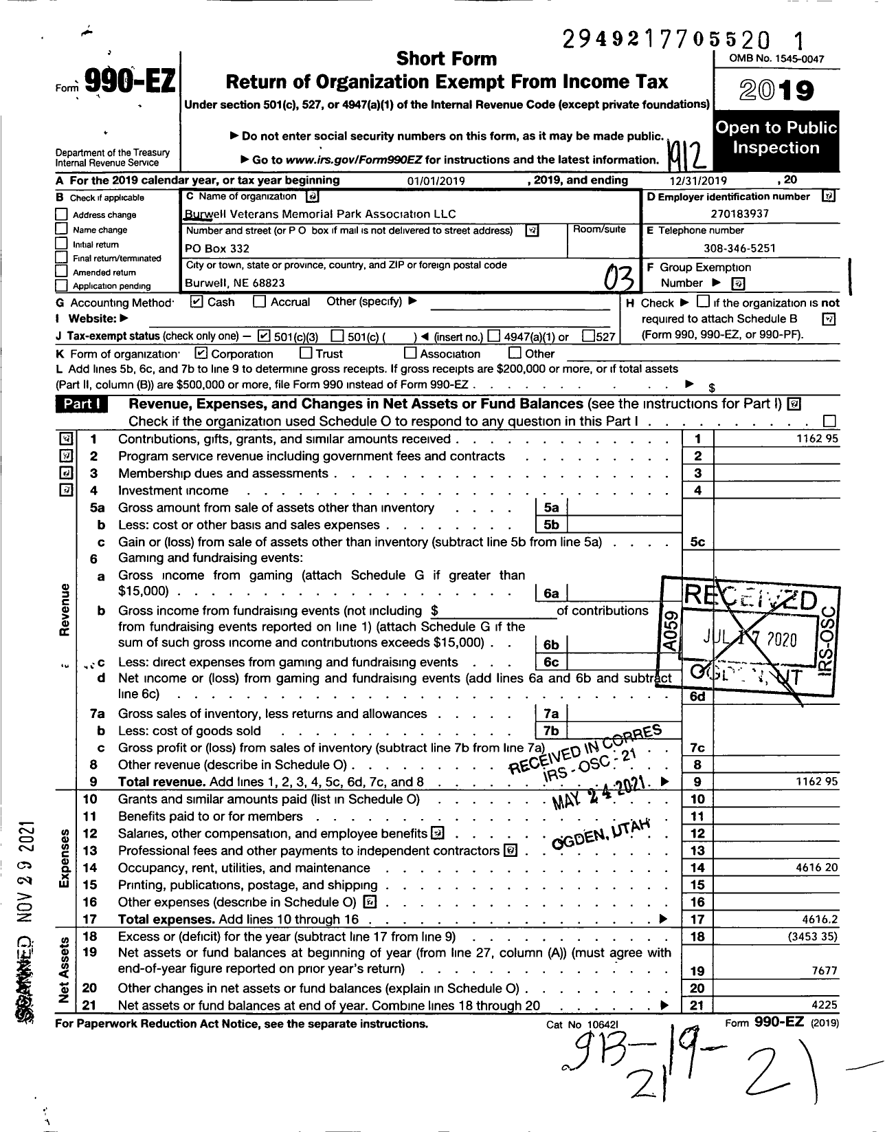 Image of first page of 2019 Form 990EZ for Burwell Veterans Memorial Park Association