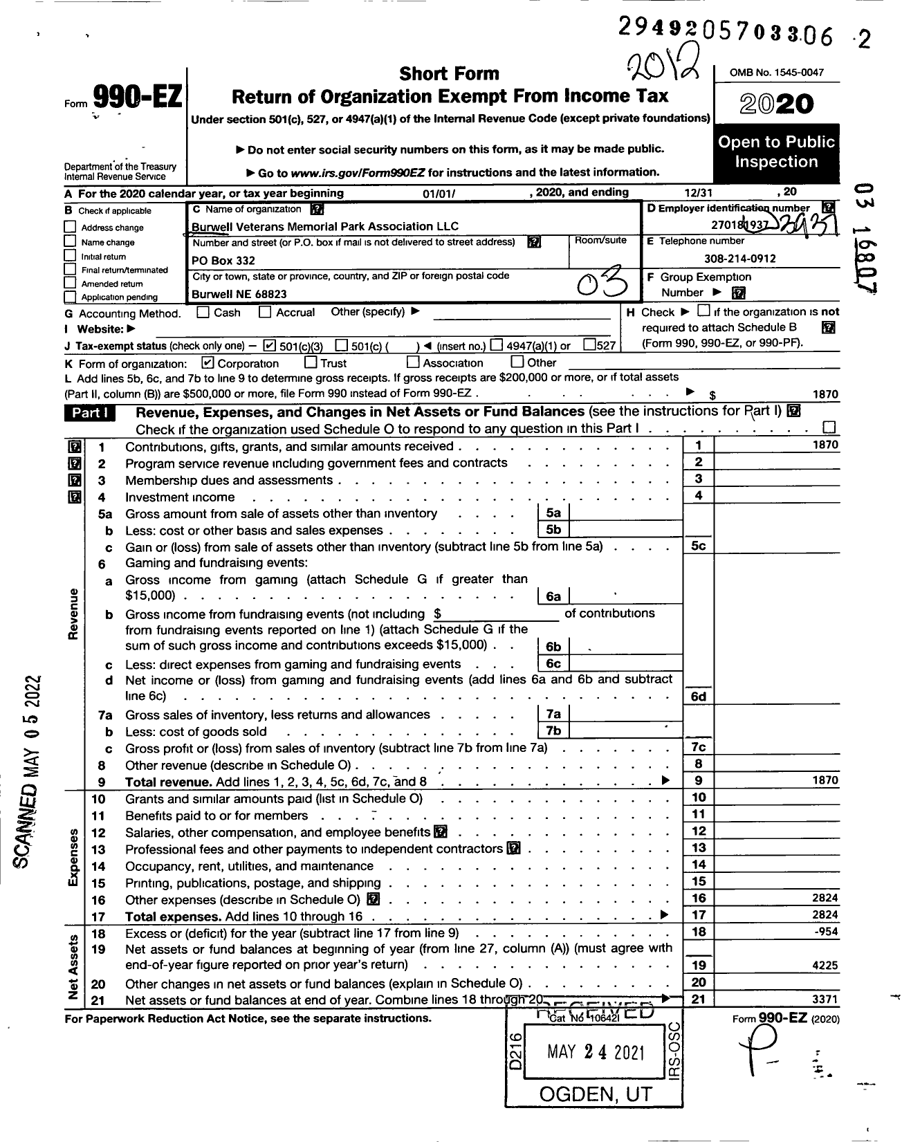 Image of first page of 2020 Form 990EZ for Burwell Veterans Memorial Park Association