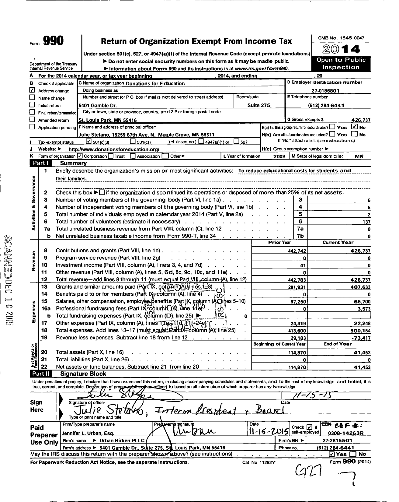 Image of first page of 2014 Form 990 for Donations for Education