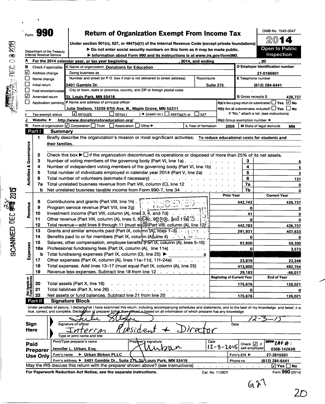 Image of first page of 2014 Form 990 for Donations for Education