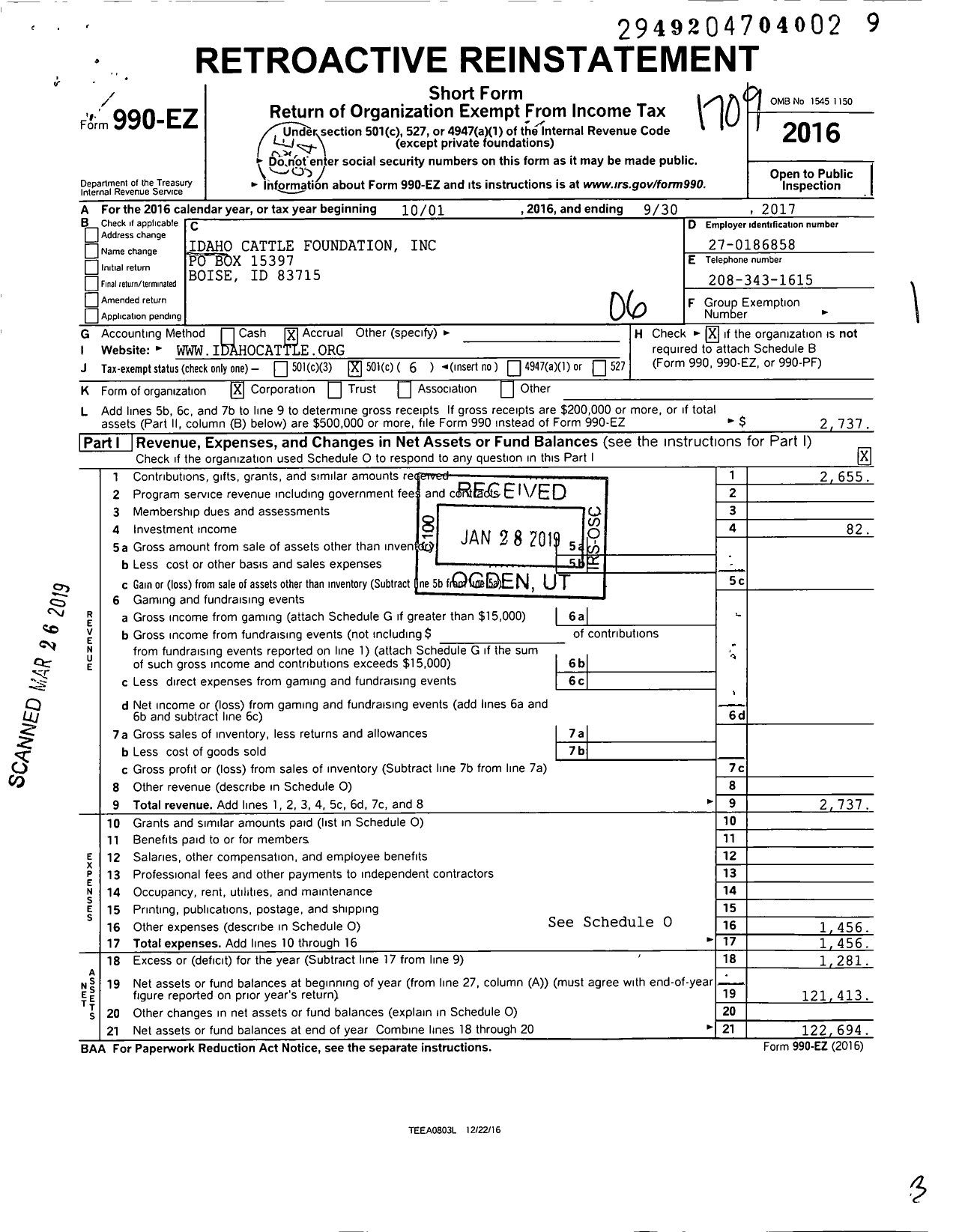 Image of first page of 2016 Form 990EO for Idaho Cattle Foundation