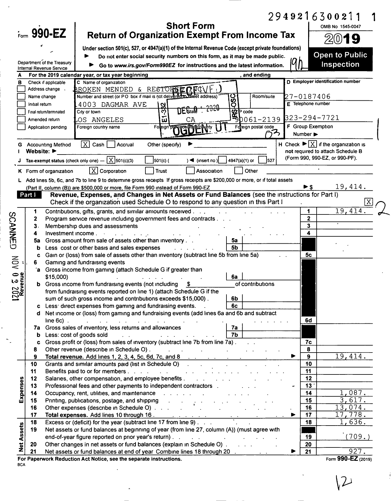 Image of first page of 2019 Form 990EZ for Broken Mended and Restored