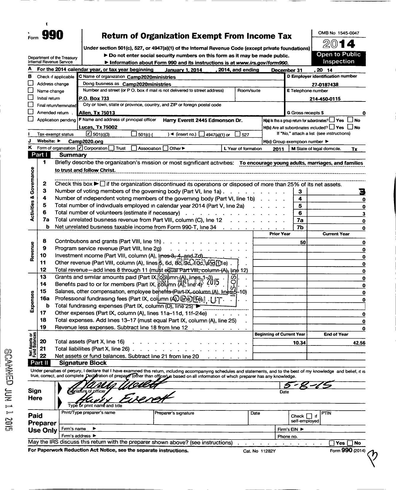 Image of first page of 2014 Form 990 for Camp 2020