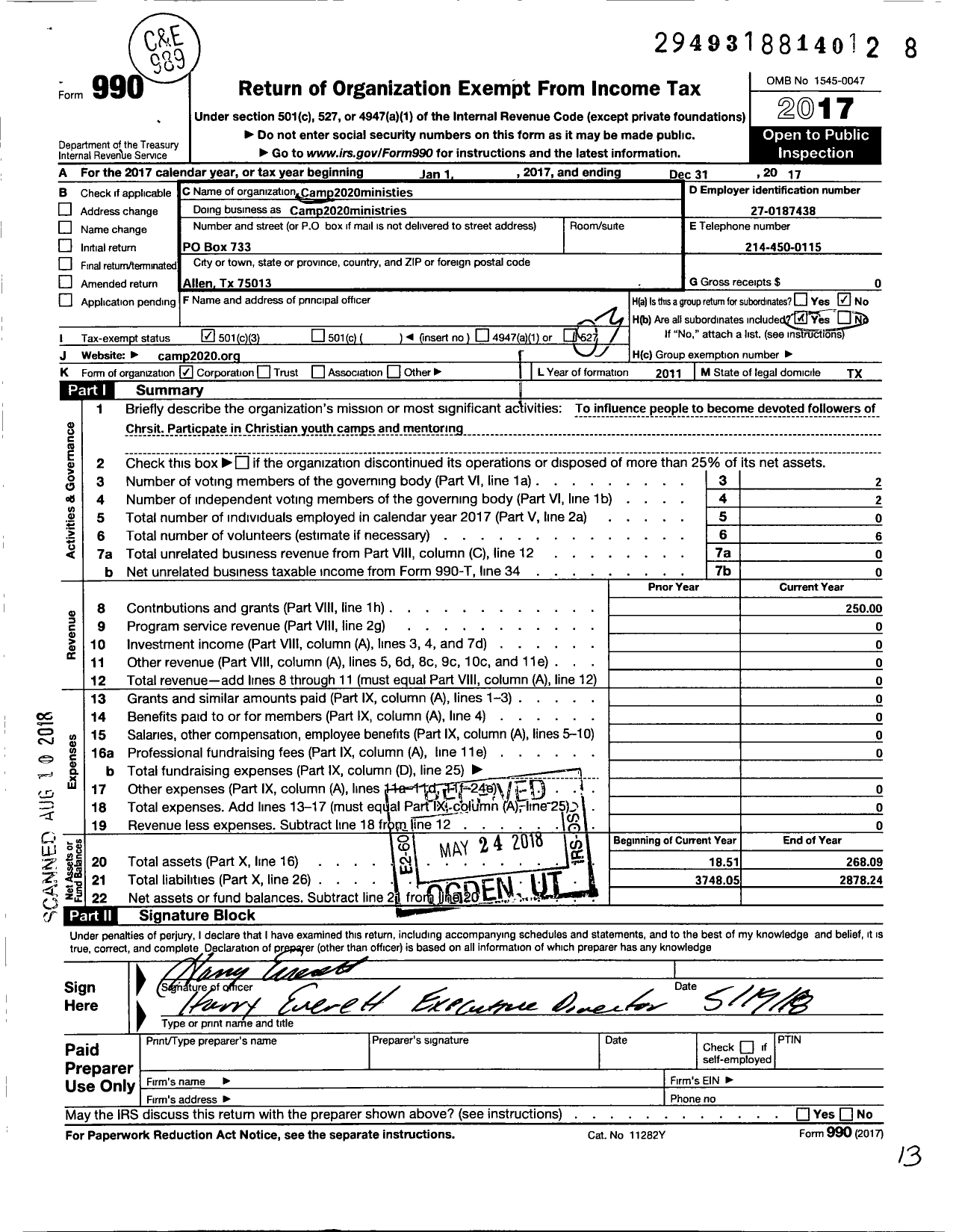 Image of first page of 2017 Form 990 for Camp 2020