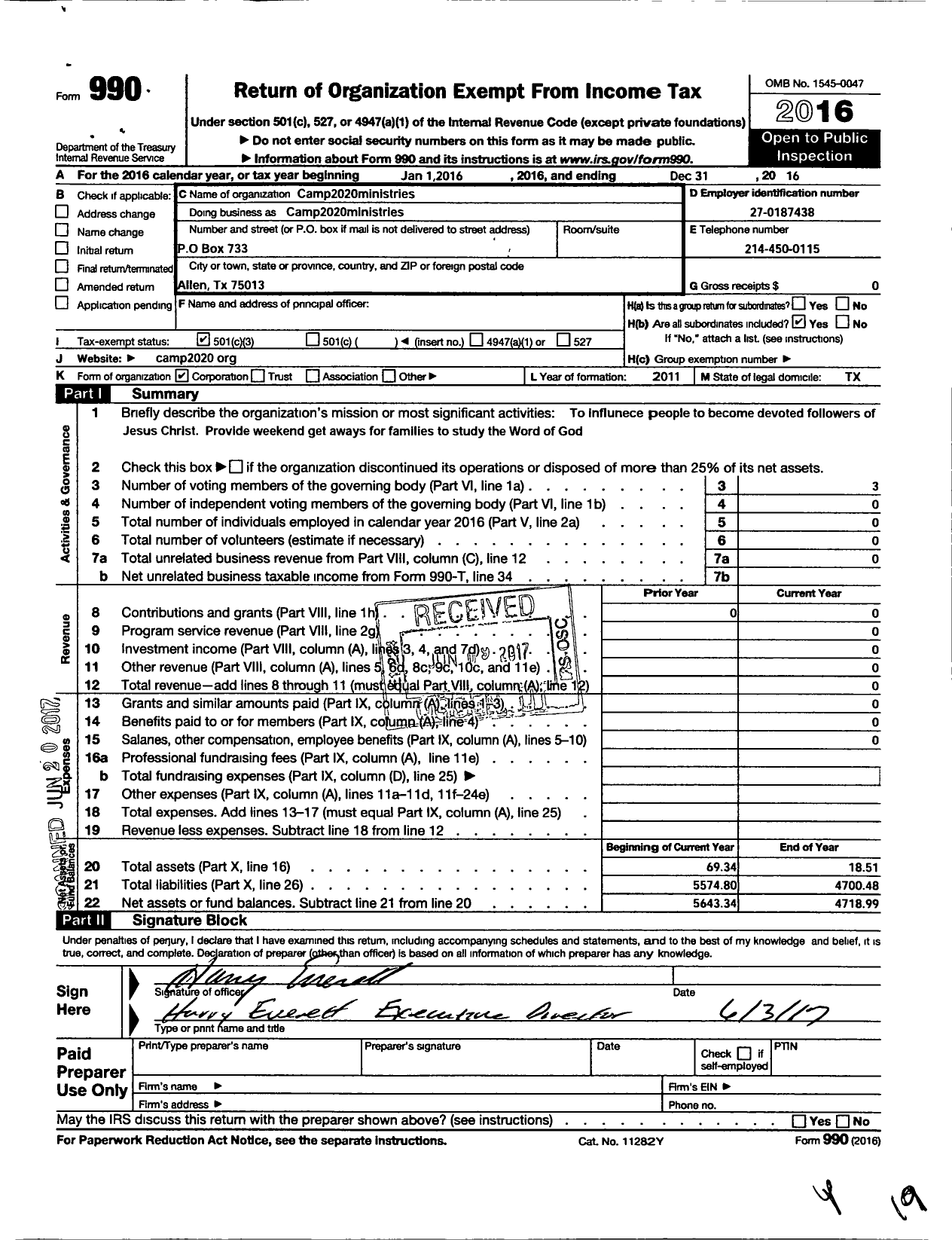 Image of first page of 2016 Form 990 for Camp 2020